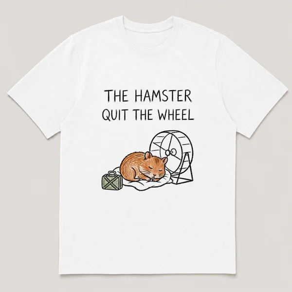 Front view of a White Tee printed with hamster naps beside a still wheel with a tiny packed suitcase and the caption THE HAMSTER QUIT THE WHEEL