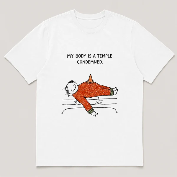 Front view of a White Tee printed with a guy lies flat on a couch with a small traffic cone balanced on his belly and the caption MY BODY IS A TEMPLE. CONDEMNED.