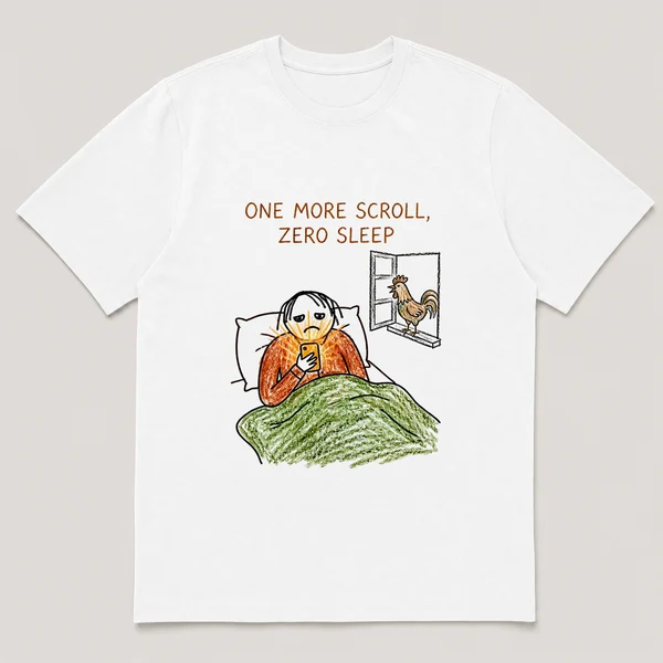 Front view of a White Tee printed with a hollow-eyed guy sits up in bed at night with a glowing phone lighting his face while a rooster crows in the window and the caption ONE MORE SCROLL, ZERO SLEEP
