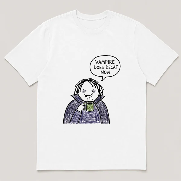Front view of a White Tee printed with pale vampire sips a small mug with visible bags under its eyes and the caption VAMPIRE DOES DECAF NOW